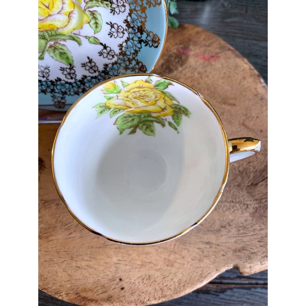 Vintage Stanley Bone China Teacup Saucer Yellow Rose Blue Gold England - Picture 6 of 10